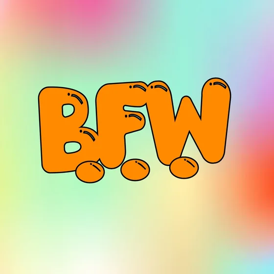 The becoming friends with... logo: fat orange bubble letters reading BFW above three orange dots, on a hazy pastel rainbow.